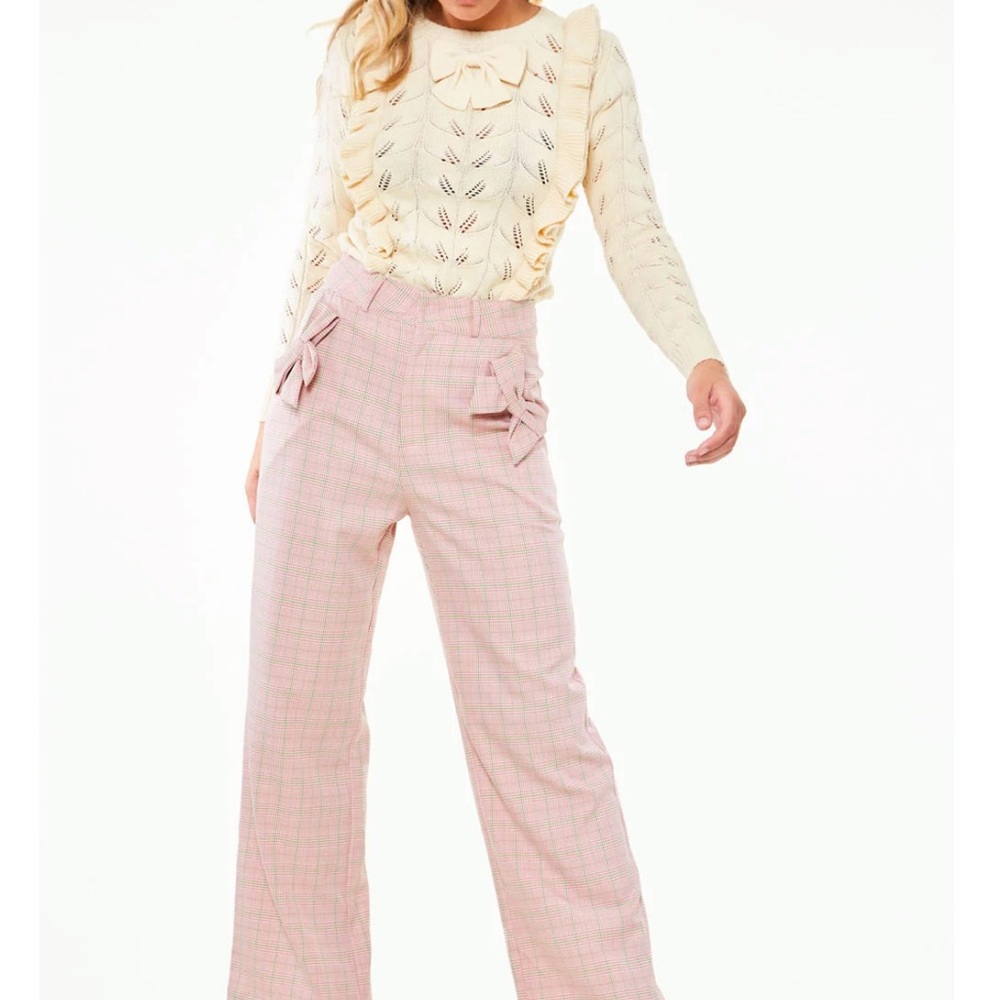 Cream Sweater with Pink Plaid Pants